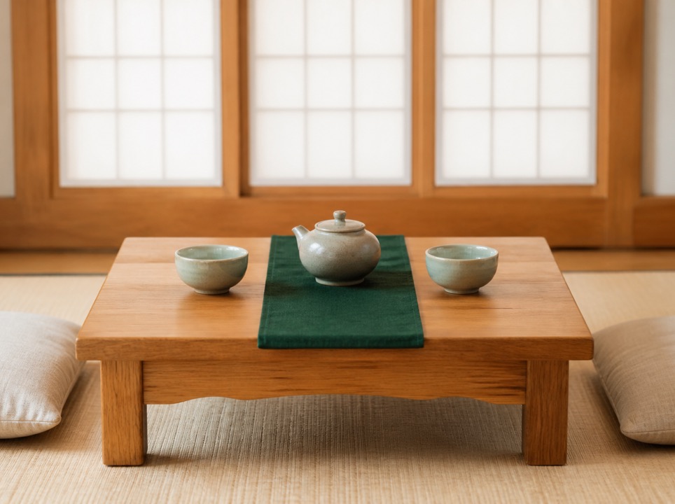 좌식 소반에 마주 놓인 찻잔 두 개와 방석